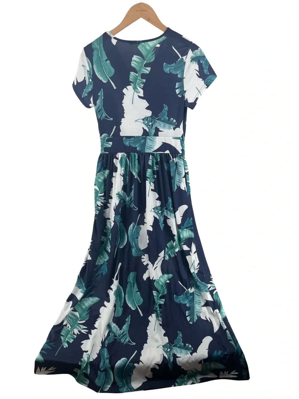 Tropical Palm Leaf Maxi Dress Medium Navy Blue White Resort Vacation Pockets - Picture 3 of 8